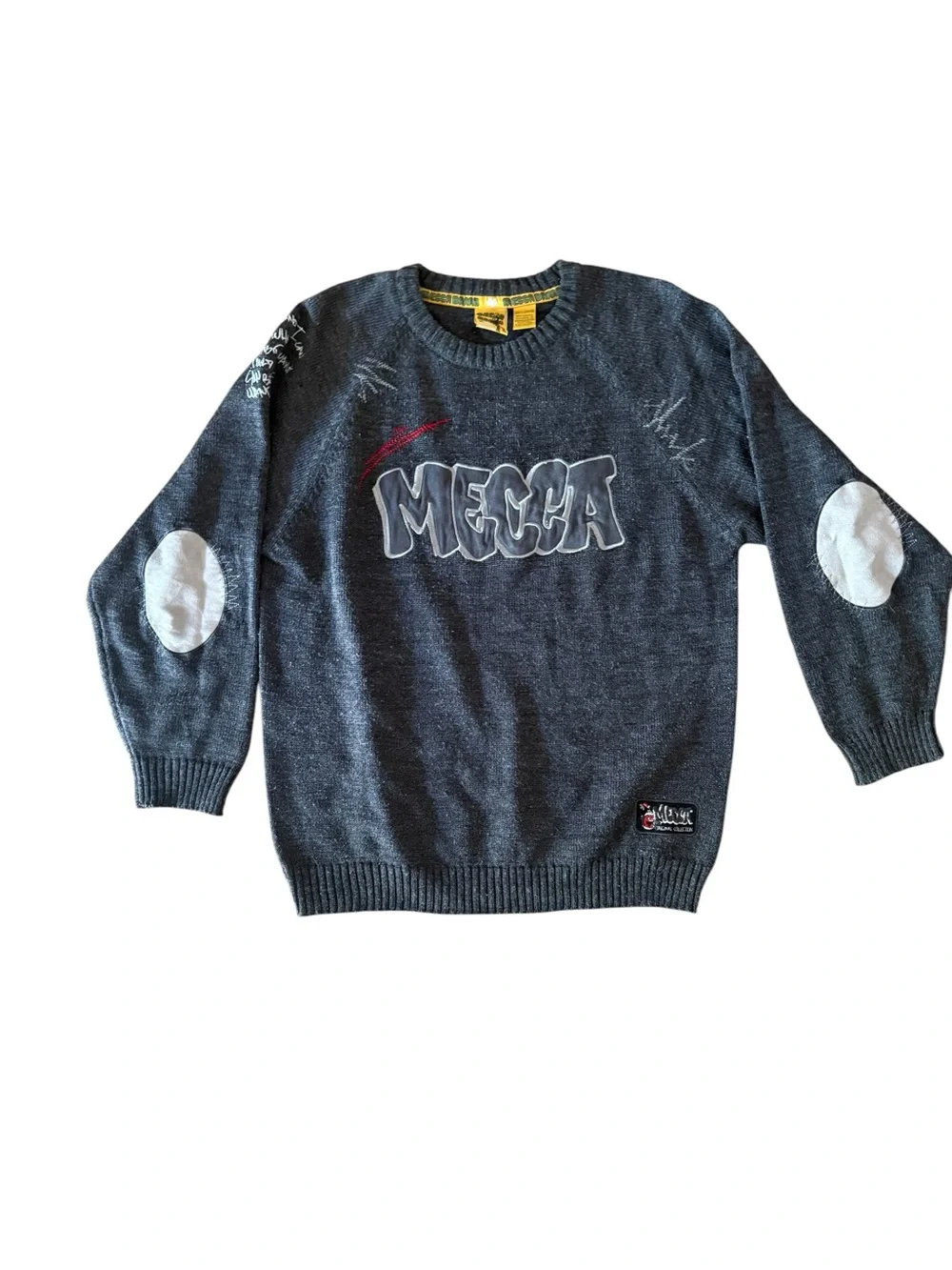 mecca Charcoal Gray Crewneck Sweater with White Elbow Patches and Red Accent boy